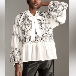 Anthropologie Long-Sleeve Tie-Neck Embroidered Blouse L
